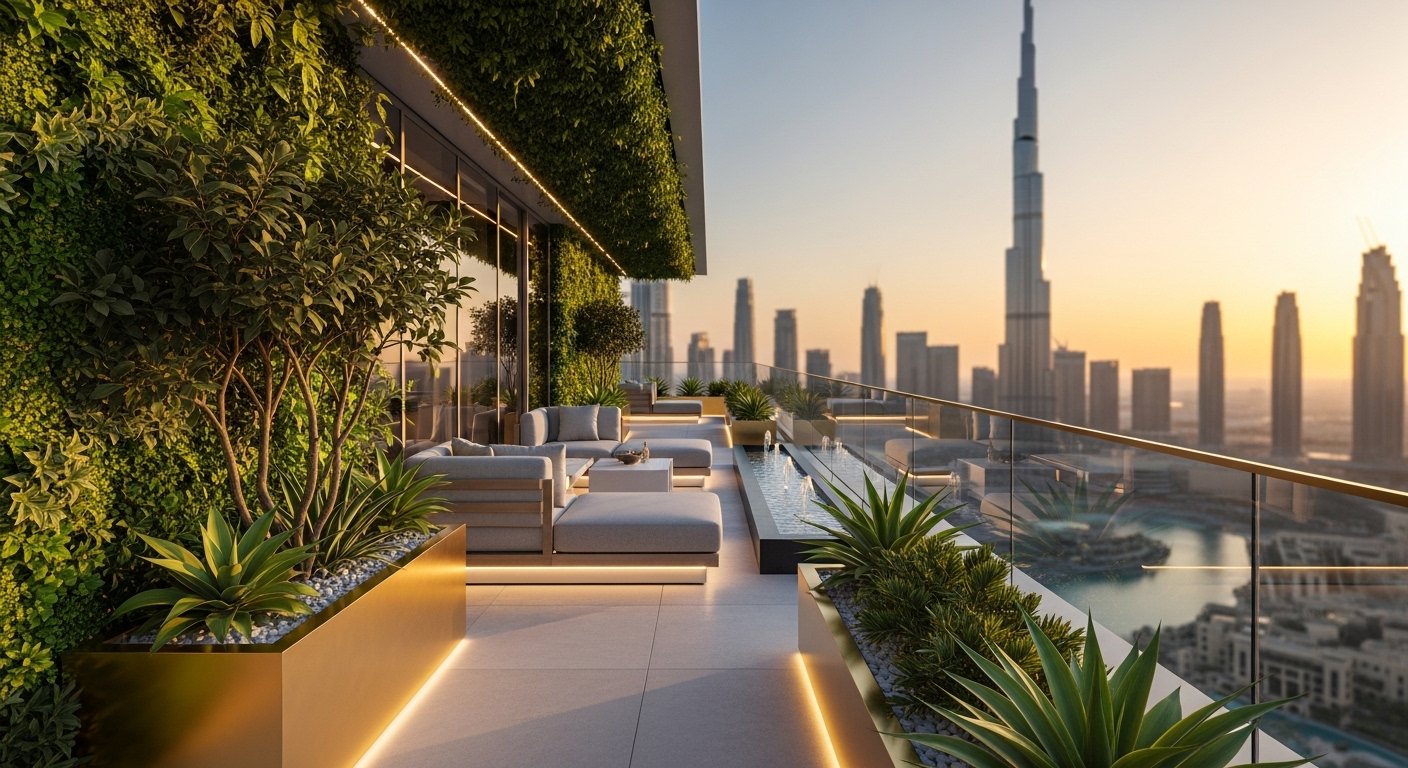 A professionally designed luxury balcony garden in Dubai by Baan Paa, featuring native plants and automatic irrigation.